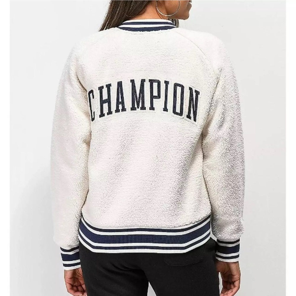 CHAMPION Jacket SHERPA FLEECE BOMBER Logo Patches Script Relaxed Lined Sz Small